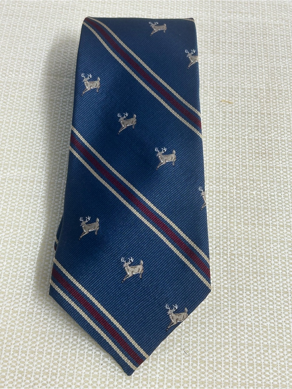 L.L. Bean Navy Tie with Deer Motif and Burgundy Stripes